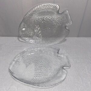 Arcoroc France fish clear pressed glass serving plate platter vintage set of 2